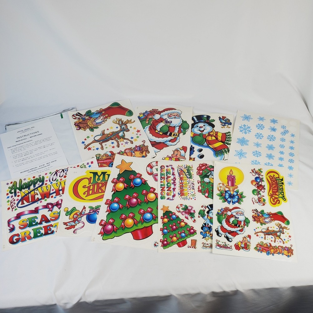 VTG Holiday Static Cling Window Decorations SUPER SIGNS Christmas Lot of 9 Pages